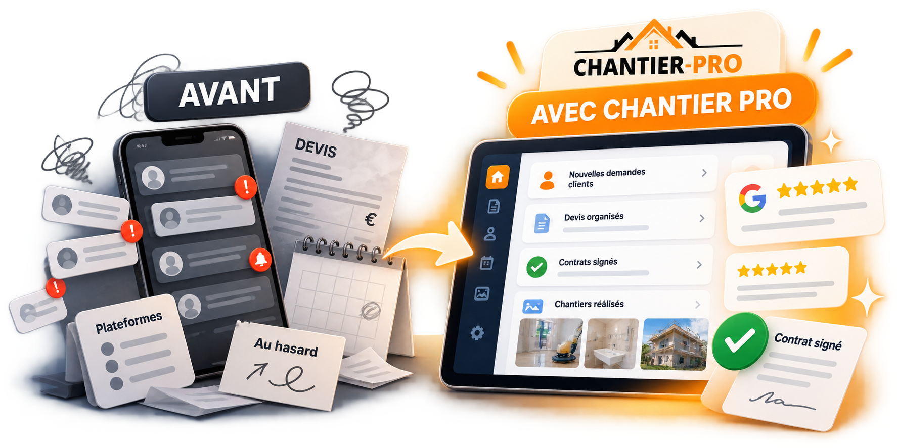 Espace Chantier Pro : avis Google, devis, signature, photos de chantiers et guides